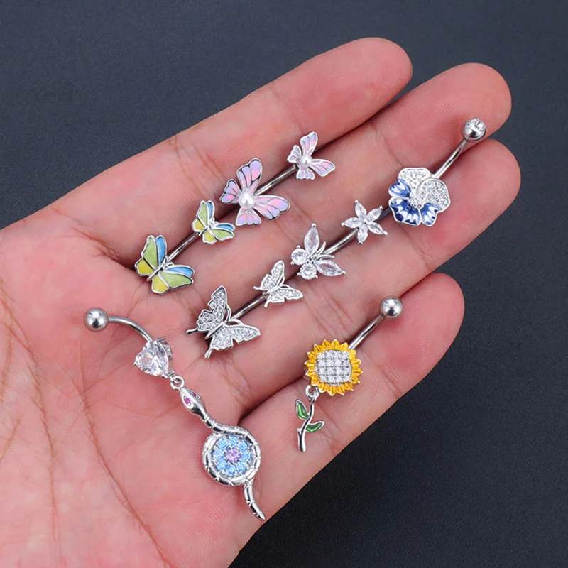 1PCS Butterfly Belly Button Rings Sunflower Navel Piercing Ring Navel Button Piercing Body Belly Piercing Jewelry 316L steel