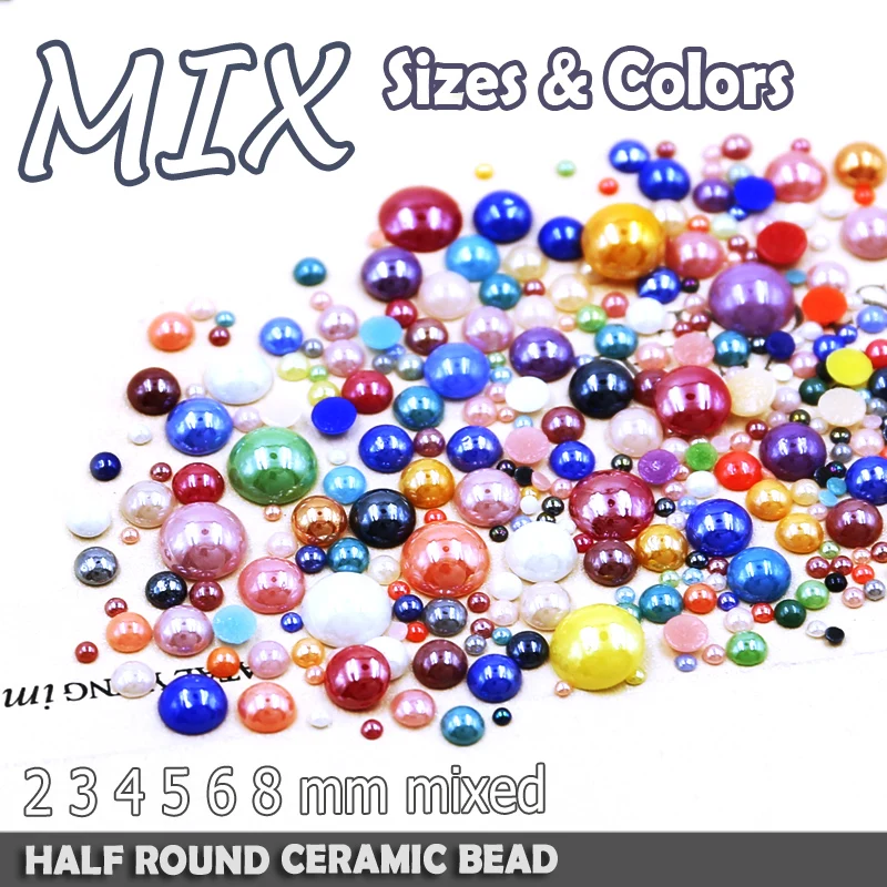 Mix Colors Sizes Ceramic Imitation Pearls 2/3/4/6/8/10mm Non Hot Fix Half Round Bead Glitters For Nail Art DIY Crafts Decoration