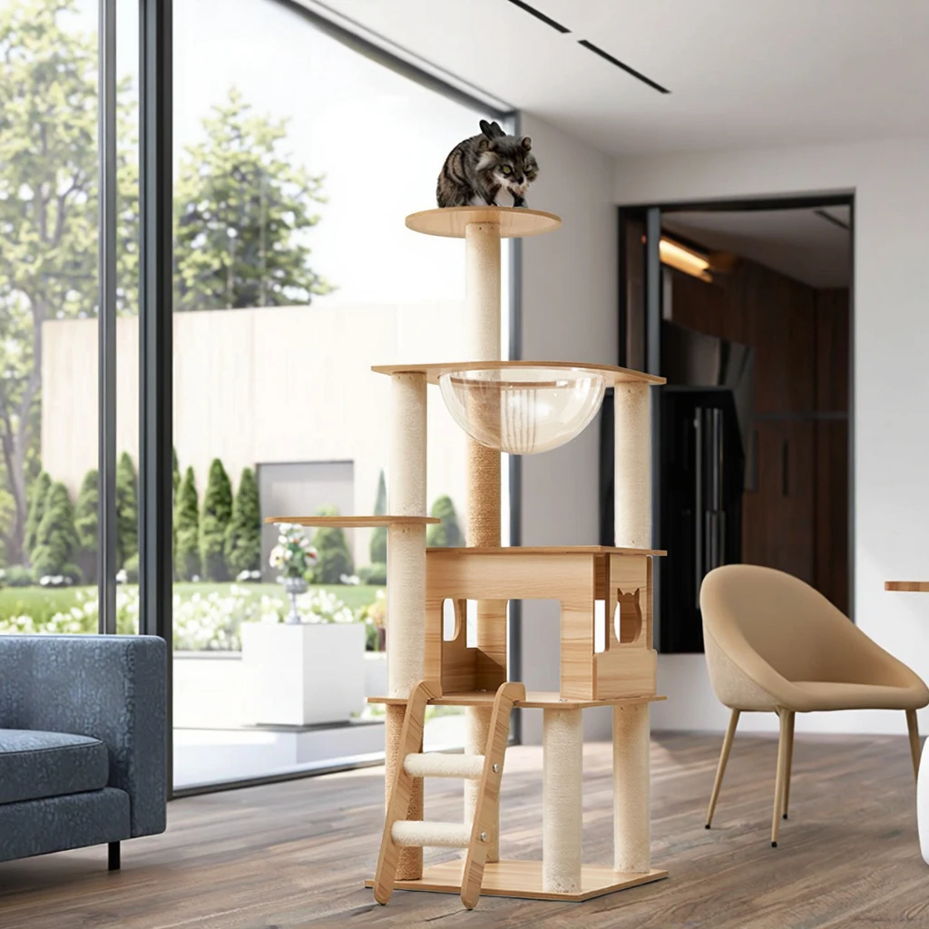 

Cat Tree & Scratcher Space Capsule Cat Climbing Rack with Nest Ladder Jumping Platform Integrated Wooden Pet Furniture