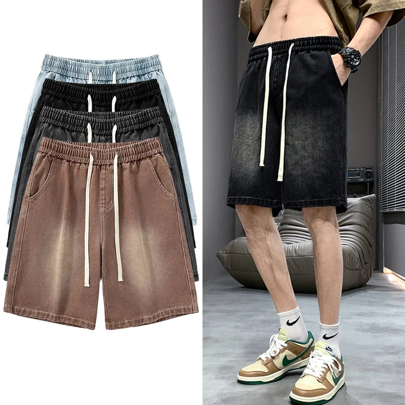 Summer New Men's Wide-Legged Denim Shorts Loose Casual Thin Section Straight Pants Breathable Wrinkle Fashion Men's Clothing