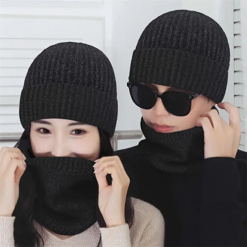 Conjunto de 2 uds de gorro y bufanda de punto para invierno, gorros tejidos de Color sólido, conjunto de bufanda con protección para los oídos, gorro cálido para exteriores, bufanda cálida para hombres y mujeres