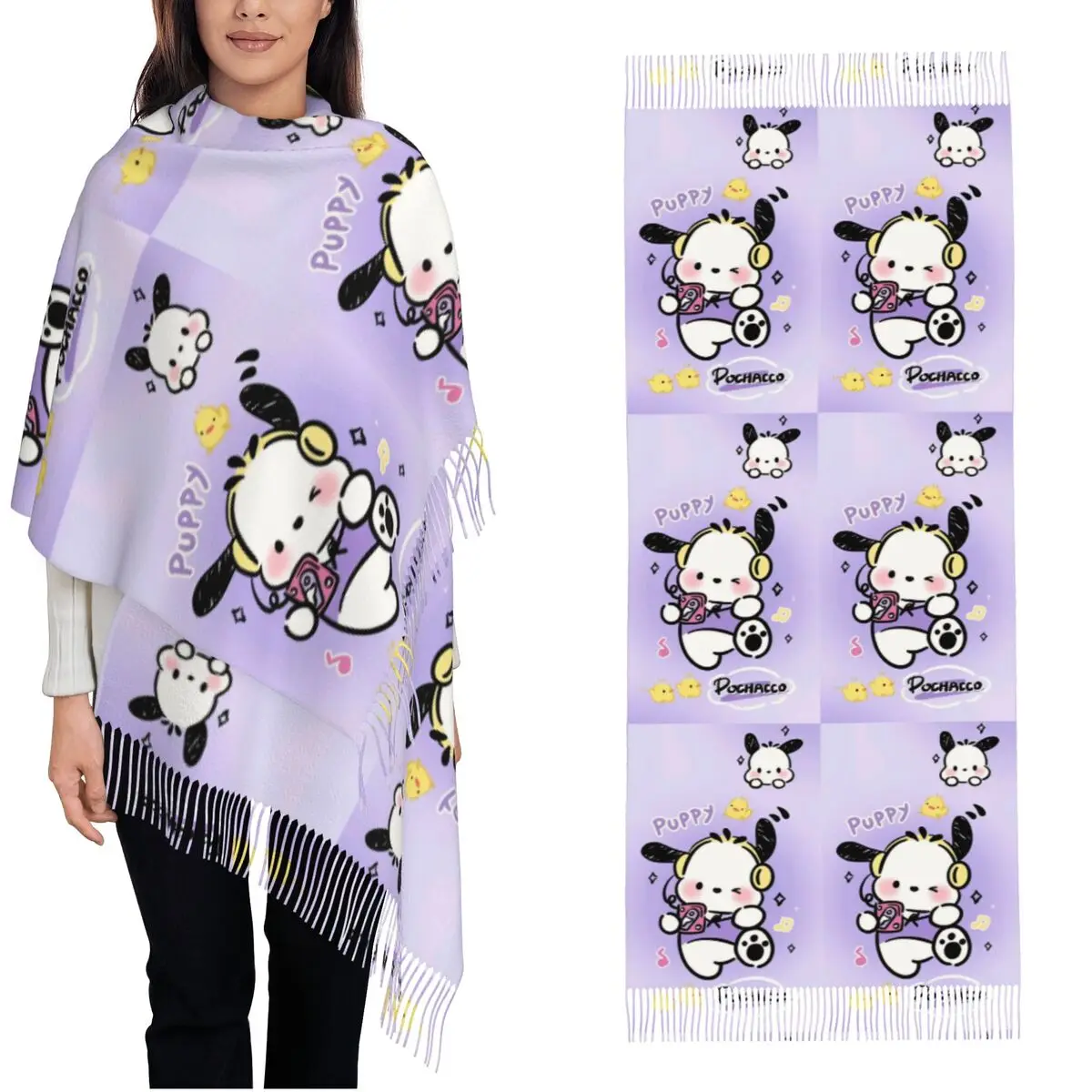 Women's Scarf with Tassel Cute Dog Cartoon Pochacco Large Winter Fall Shawl Wrap Purple Daily Wear Pashmina Scarves