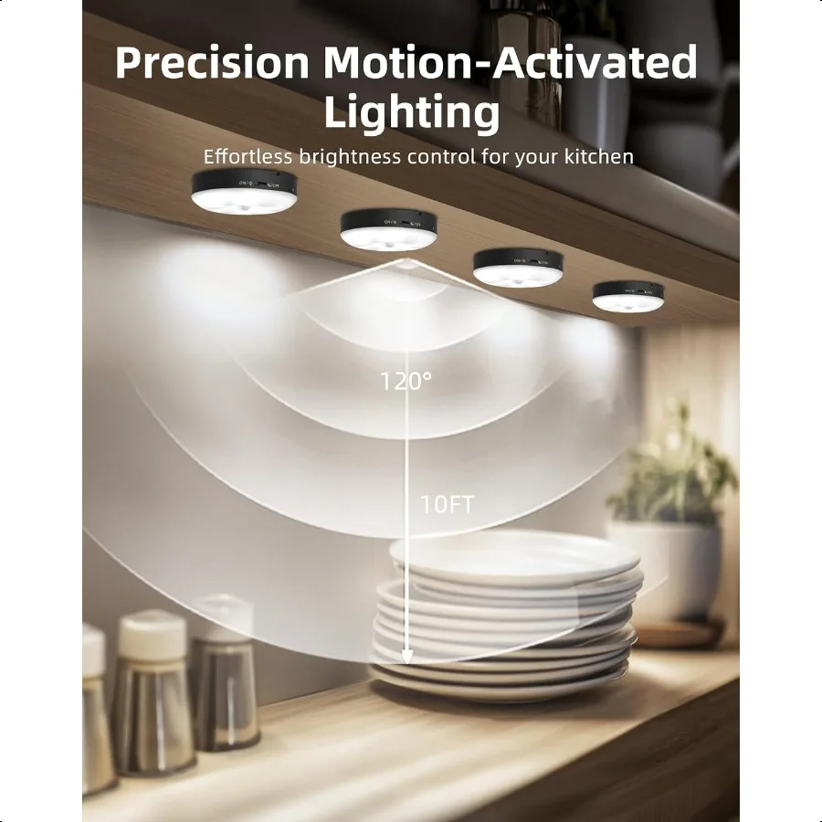 Illuminazione sotto l'armadio Luci a disco ricaricabili da 1000 mAh con telecomando 3 temperature di colore 12 Luci per armadio con sensore di movimento RGB Dimmer per interni