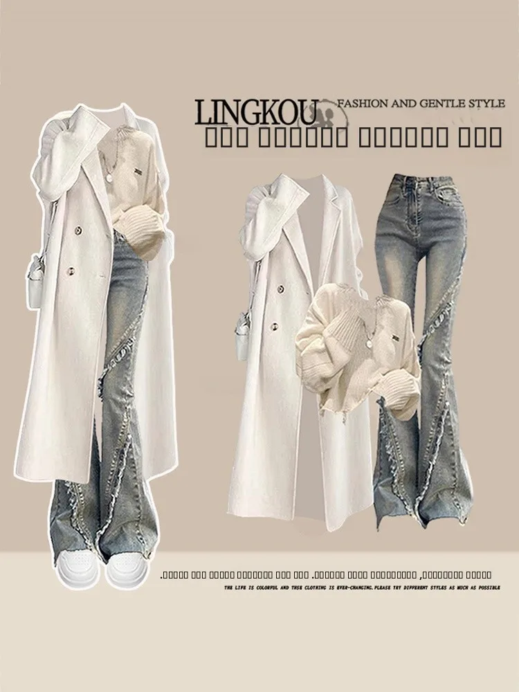 Suéter de malha Faionable de outono e jeans emagrecedores conjunto de peças de camiseta feminina leve Maturi Sle Outerwear gola moderna...