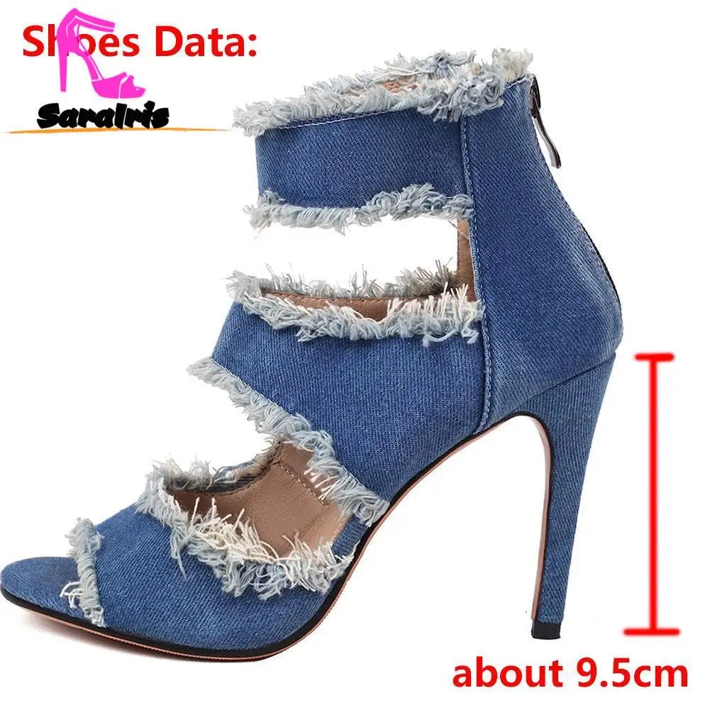 Blue Denim Women Sandals Summer 2023 Hot Fashion Simply Peep Toe High Heels Sandals Ankle Strap Zipper Comfortable Single Shoes