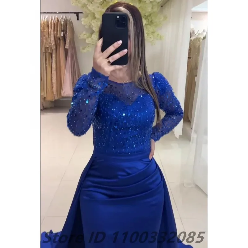 Eightale Customized 2025 Royal Blue Mermaid Sequin Long Sleeve Arabic Prom Dress Evening Dress Formal Party Gown Robes De Soirée