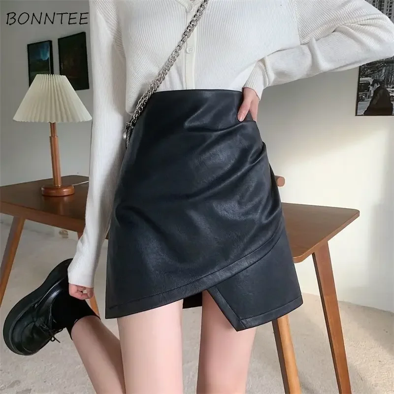 

Pu Skirts Women Folds Spring New Design High Waist Fashion Solid Simple Faldas Korean Style All-match Streetwear Office Ladies