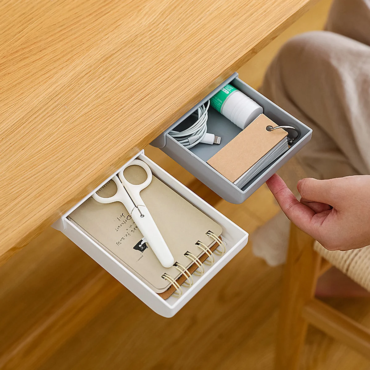 2Pcs Under Desk Pen Drawer Adhesive Hidden Storage Box Organizer for Stationery Electronics Cosmetics Under Table Drawer