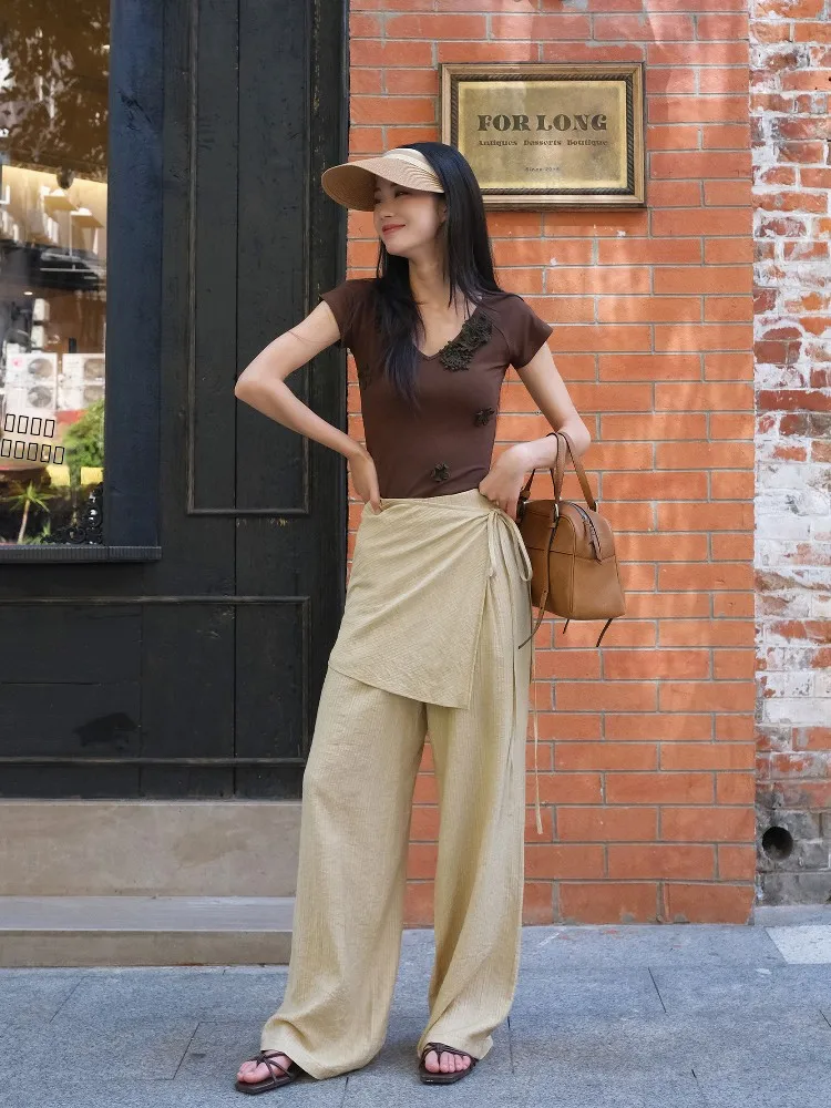 

LAZY'Z High Waist Straight Leg Wide Leg Pants Women's Summer 2025 New Loose Wrap Sle Two Piece Set Casual Comfortable