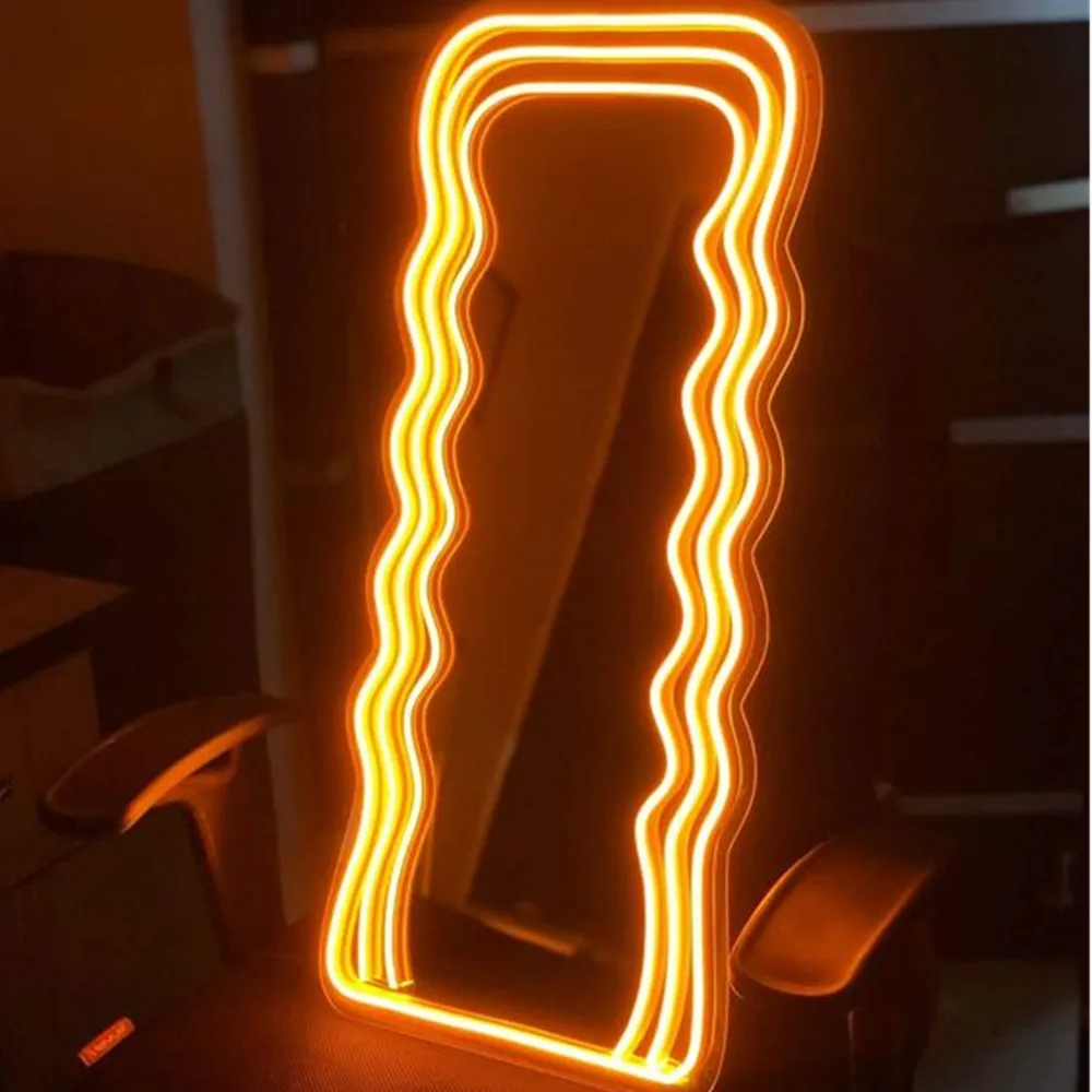 Full-body Mirror Wavy Pink Neon Mirror Sign Custom Led Logo Name Text Private Neon Night Sign Led Light Letter Wavy Neon Mirror