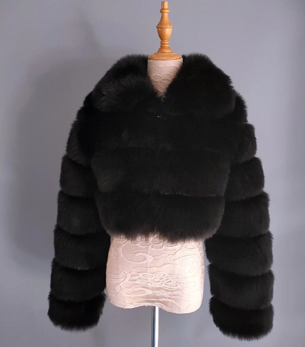 High Quality Furry Cropped Faux Fur Coats and Jackets Women Fluffy Top Coat with Hooded Winter Fur Jacket manteau femme