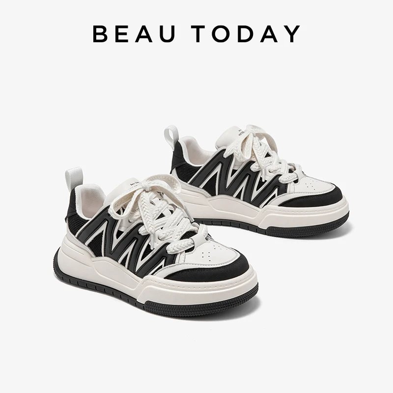 

BEAUTODAY Fashion Sneakers Women Geniune Cow Leather Simple Platforms Mixed-colors Lace-up Ladies Shoes Handmade 29641