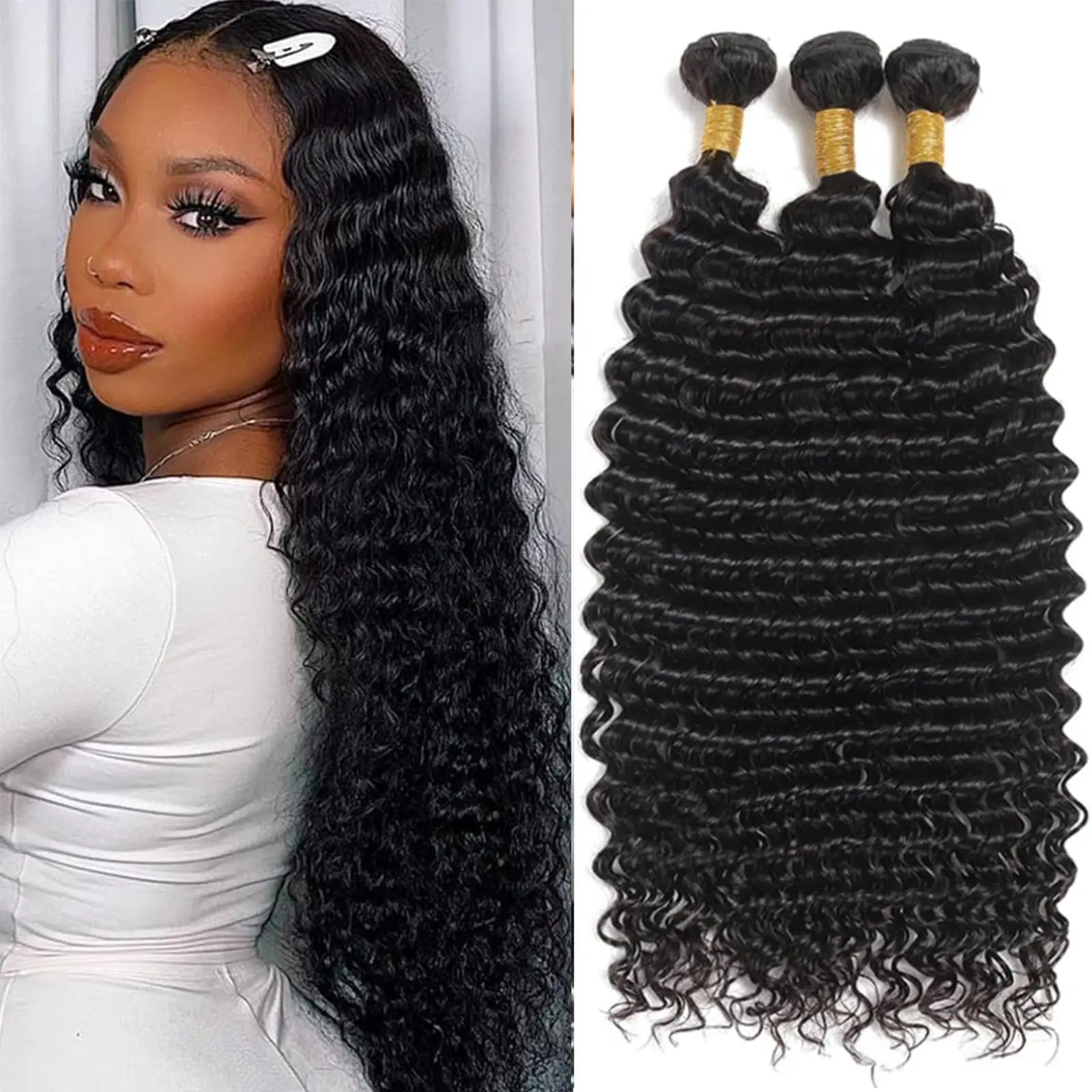 

Human Hair Bundles Deep Wave Unprocessed Brazilian Virgin Hair Weave 1/3/4 Bundles Natural Real Human Hair Extensions