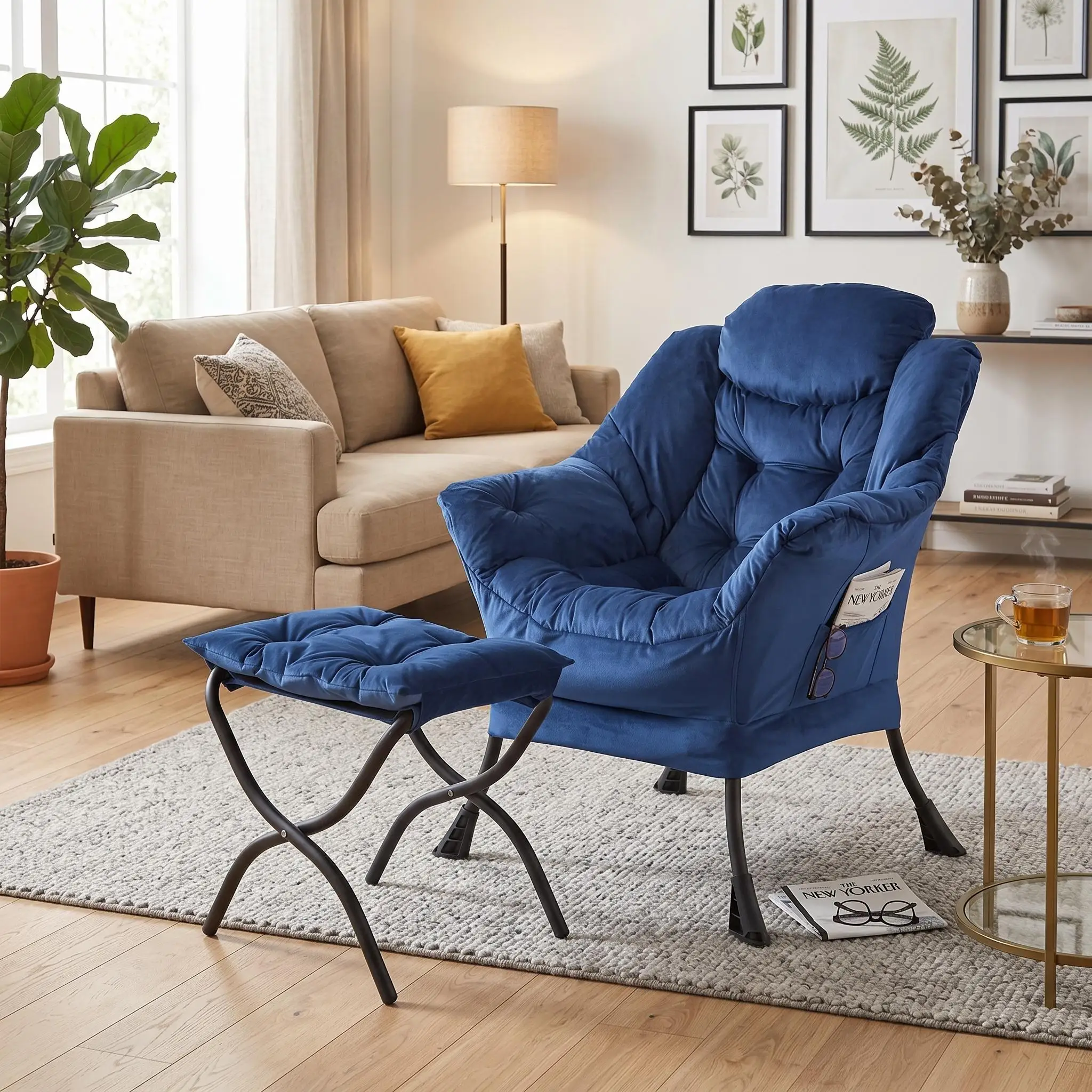 Ensemble de fauteuils relaxants surdimensionnés avec ottoman – Fauteuil d'appoint confortable à coussin amovible avec repose-pieds pliable, poche latérale – Salon de lecture confortable pour salon et chambre à coucher