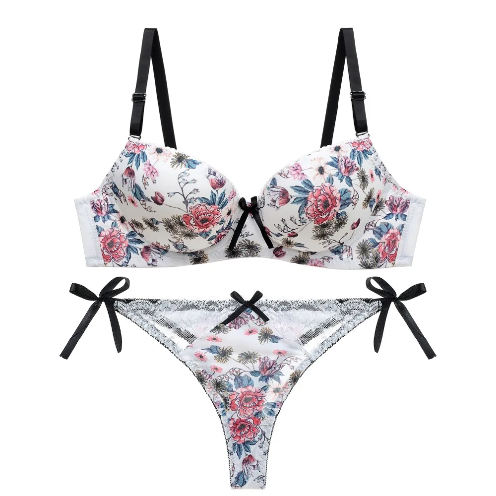 women\'s large size lingerie set floral print lace bow underwear set for ladies sexy push up plunge bra set