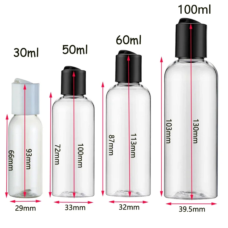 20 Stück 30/50/60/100ml Klare Plastik-Leerflaschen mit Klappverschlüssen, Nachfüllbare Reisebehälter für Shampoo und Lotion – Detail 2