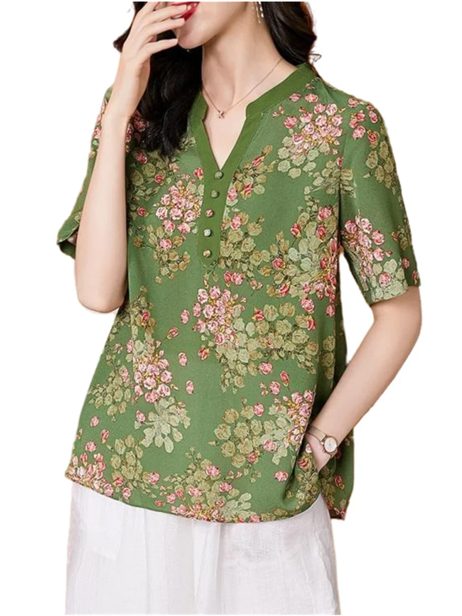 4XL Women spring summer Blouses Shirts Lady Fashion Casual short Sleeve V-Neck collar flower printing Blusas Tops MM2021