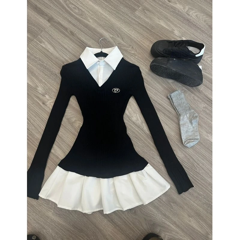 Wiosna Amerykańska koszula vintage Plisowane sukienki Odzież damska Slim Fit Polo Szyja Długi rękaw Wełna Czarna Krótka sukienka imprezowa Koreański