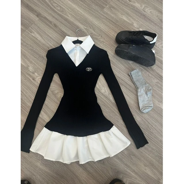 Wiosna Amerykańska koszula vintage Plisowane sukienki Odzież damska Slim Fit Polo Szyja Długi rękaw Wełna Czarna Krótka sukienka imprezowa Koreański