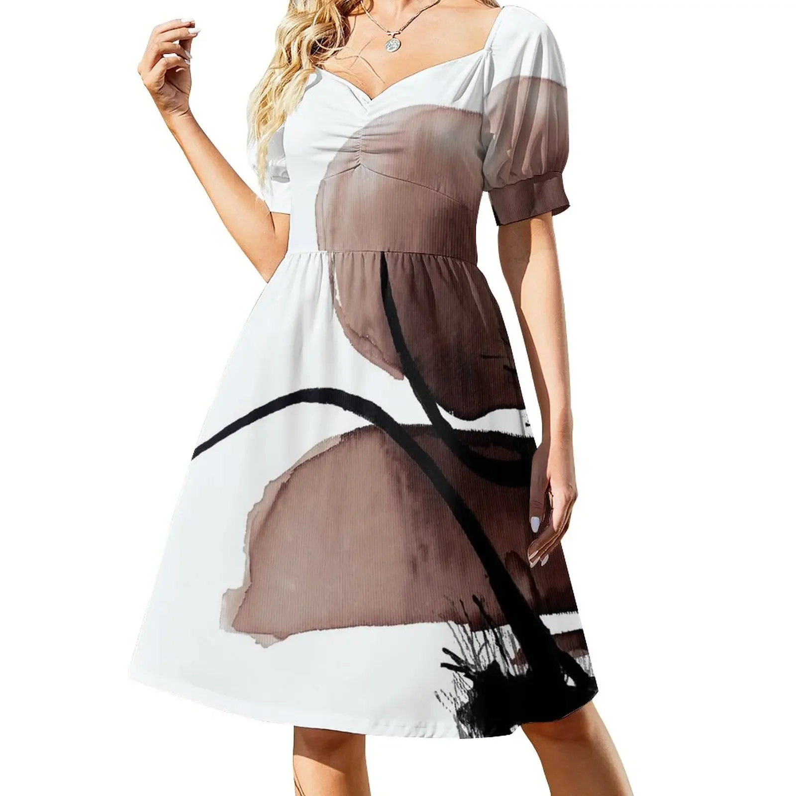

Brown black ink Short-Sleeved Dress women party dresses evening dresses women