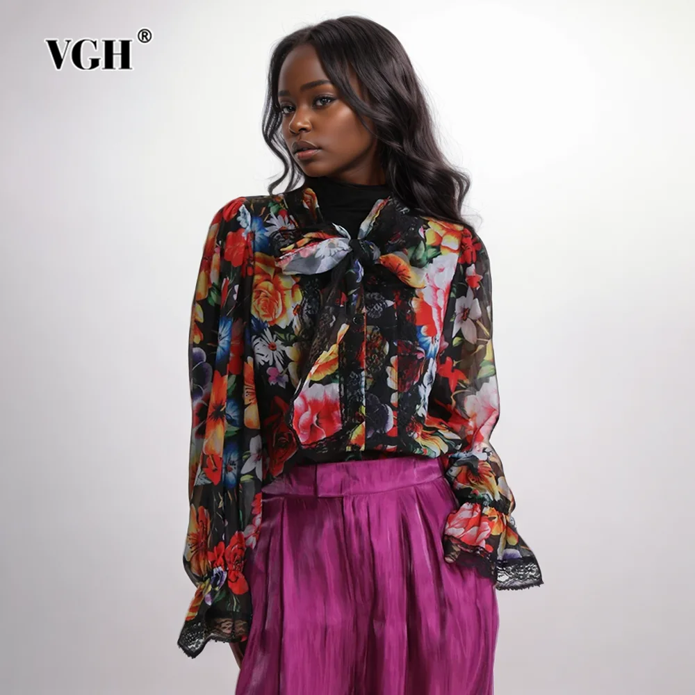 

VGH Hit Color Floral Printing Patchwork Lace Up Shirts For Women Stand Collar Flare Sleeve Spliced Single Breasted Blouse Female