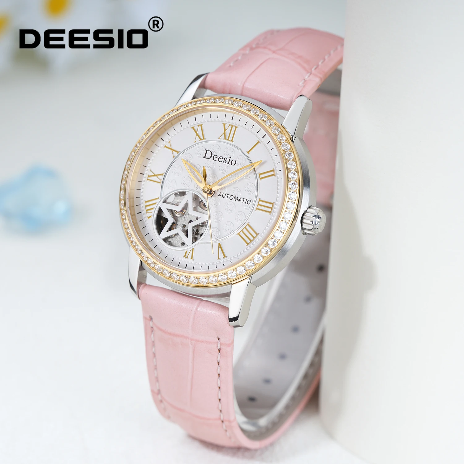 Deesio Women's Elegant Mechanical Watch-Stainless Steel Rhinestone Inlaid 50M Waterproof Valentine's Day Gift Ladies Wristwatch