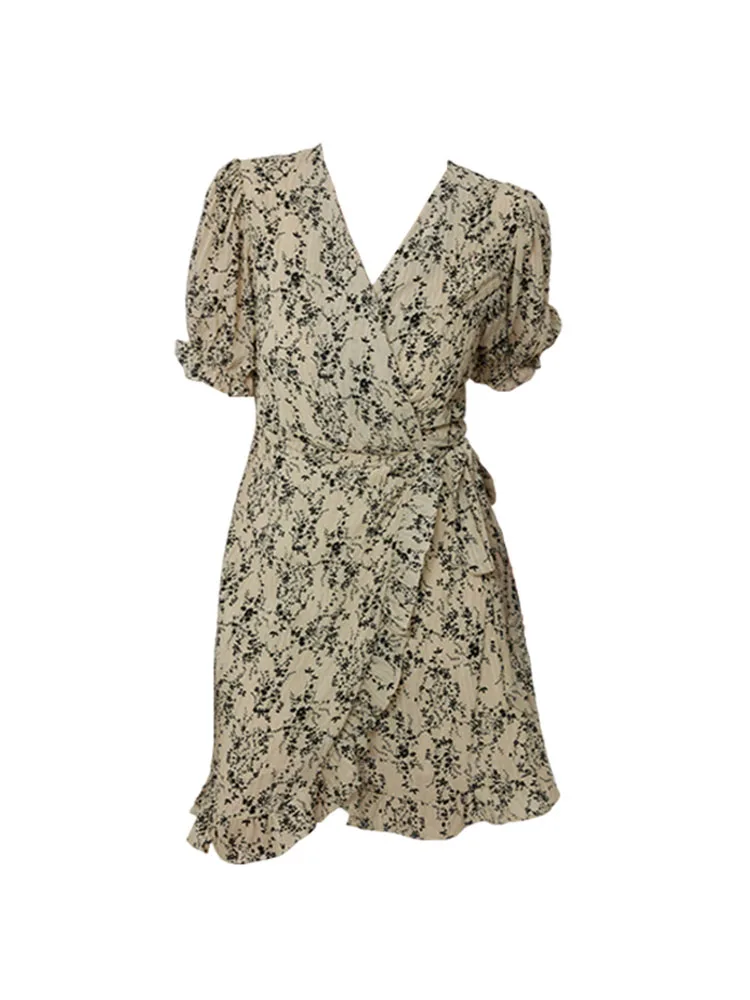 

Vintage Elegant V-Neck Puff Sleeve Print A-line Dress Summer Women Ins Slim Ruched One-Piece Frocks 2000s Prairie Chic Aesthetic