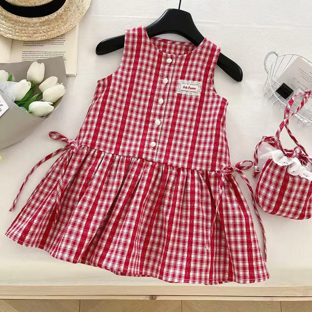 

2-9Y Girls Dresses 2025 Summer Sleeveless Plaid Vest Dresses Little Girl Bowknot Casual Kids Dresses 90-150cm