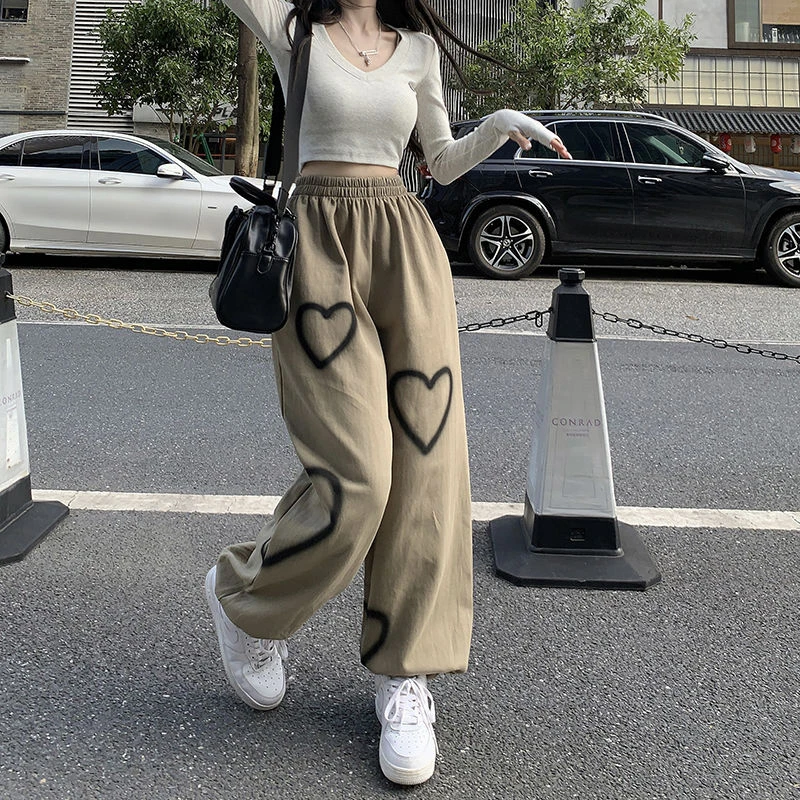 High Quality Heart Printing Casual Pants Women Bf Cotton Vintage Loose Straight Jogging Pants Fashion Hip Hop Streetwear