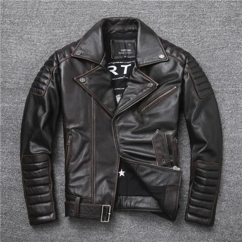 Oblique Zipper Vintage Brown Style Genuine Leather Jacket Men Real Natural Cowhide Motorcycle Slim Jackets Coat 2XL-5XL