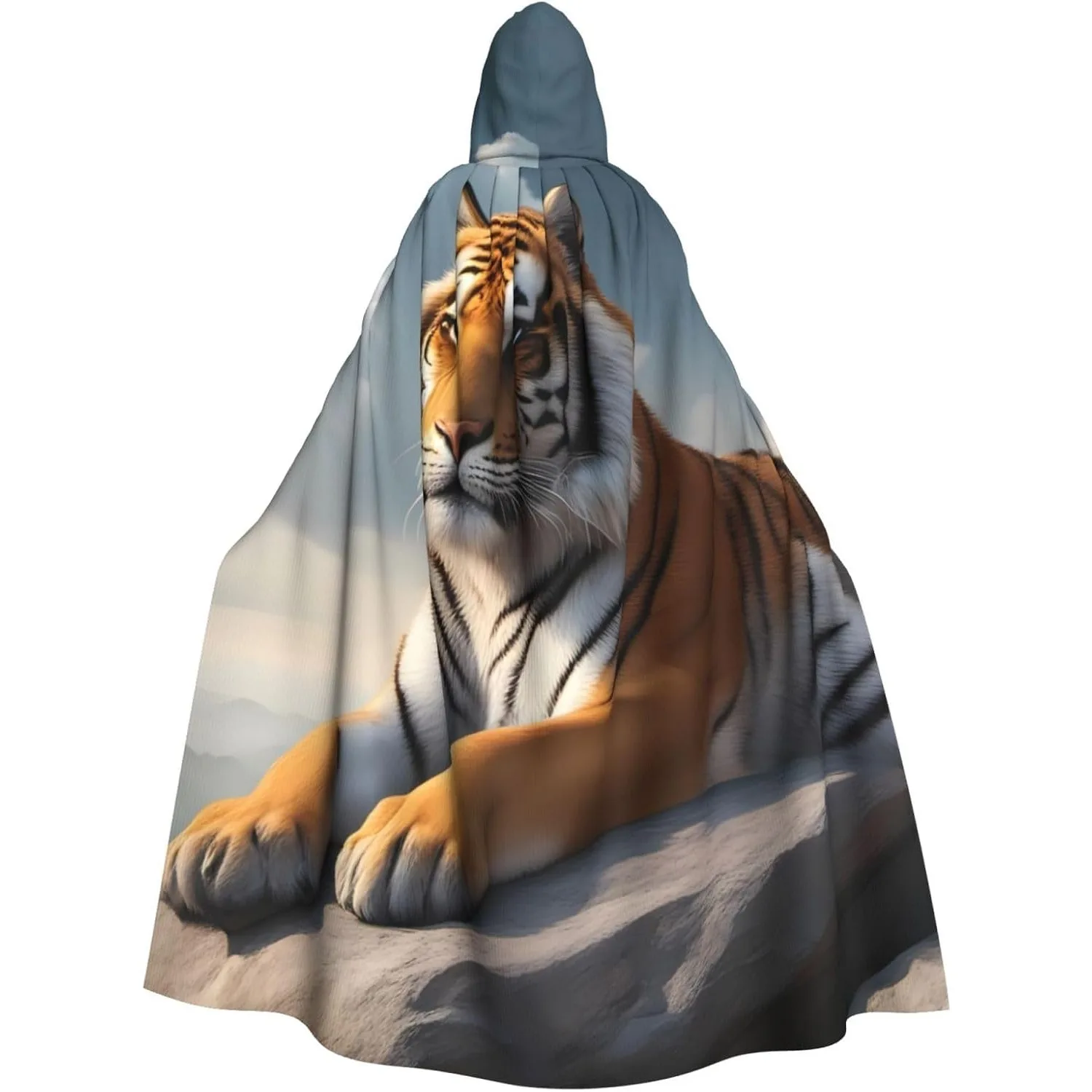 

Majestic Tiger Resting on a Rock with Cloudy Sky Prints Halloween hooded cape Hooded Cloak Suitable for cosplay costumes