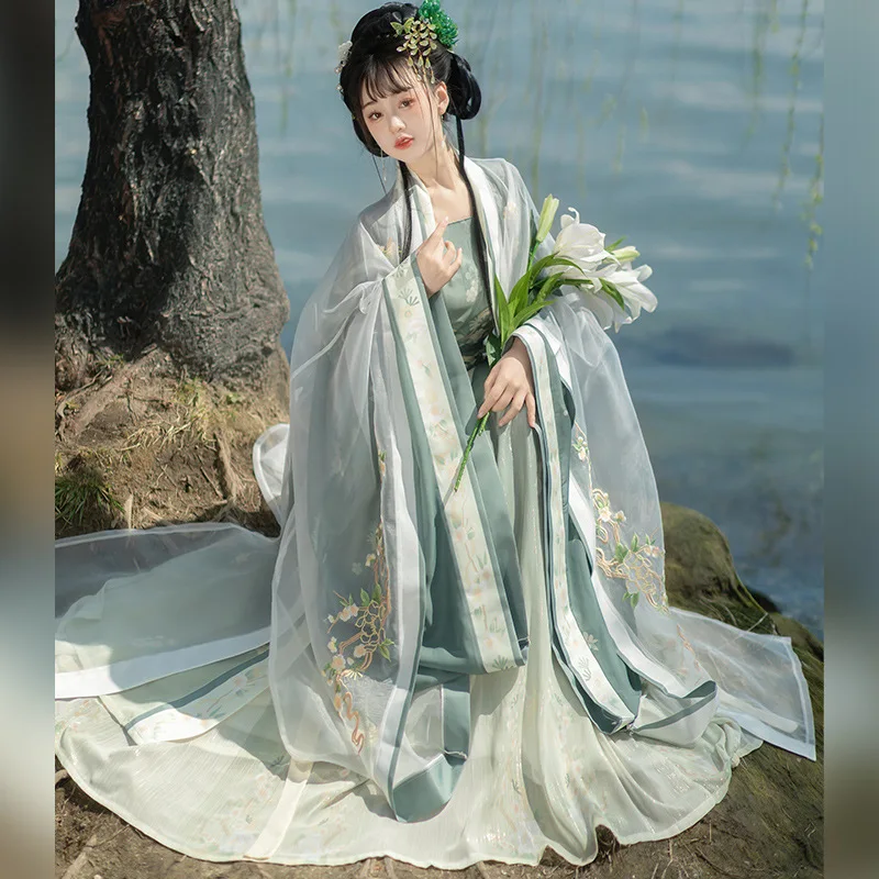 hanfu tang dynasty Handmade Embroidered Hanfu Women's Song-style Big Sleeve Long Shirt, Exuding Ethereal Charm, Waist-length