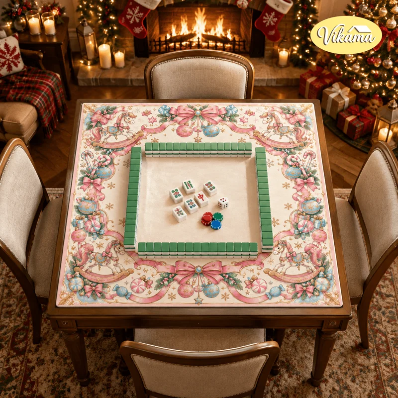 Christmas Pink Rocking Horse Mahjong Mat Non Slip Washable Table Cover for Kids Family Game Night Holiday Gift