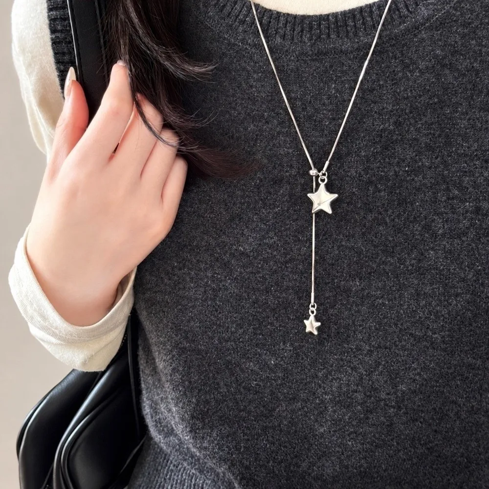 Fashion Silver Star Pendant Long Length Tassel Detail Snake Chain Asymmetrical Design Pendant Style Punk Fashion Unisex