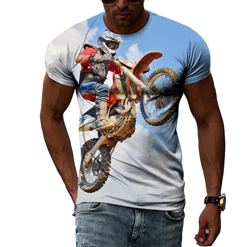 Summer New Fashion Cool Motocross Pattern T-Shirt Men\'s Trendy Taste Harajuku 3D Motorcycle Print Plus Size Short Sleeve Shirt