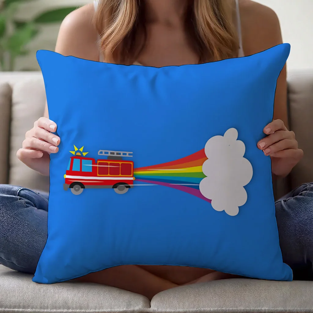 Red Fire Truck Shooting Rainbow from Exhaust Pillow Cover Single Sided Printed Cushion Case 18x18 for Sofa Bed Decor