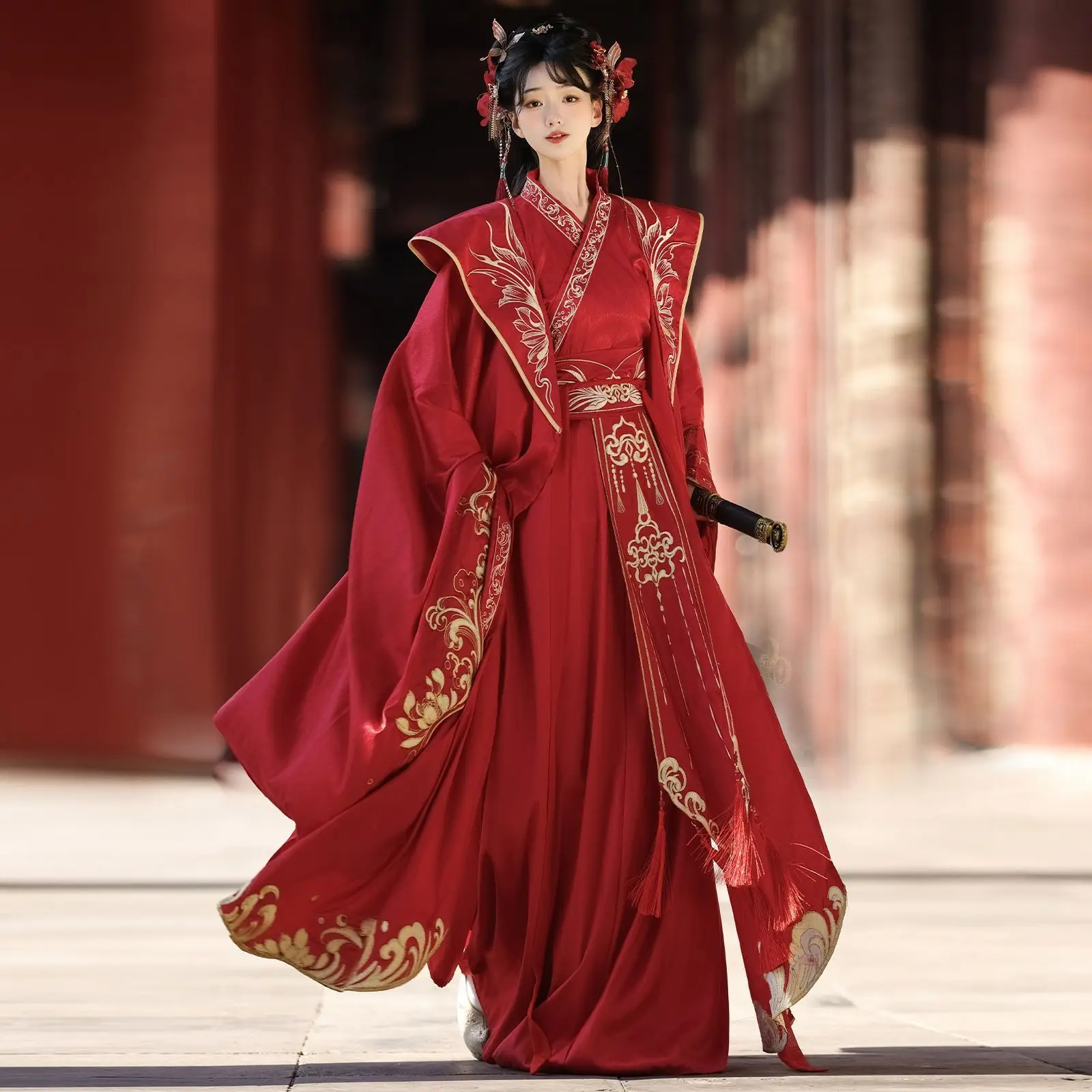 Chinese Traditional Ancient Costume Suit Red and Black Hanfu Dress Set Cosplay Costumes Stage Performance Photography Clothing