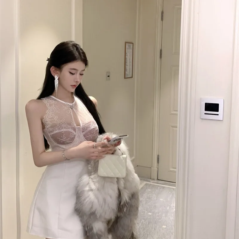 Sexy dentelle adient taille a-ligne ort jupe évider Svel gilet Dr taille haute moulante automne hiver nouveauté femmes