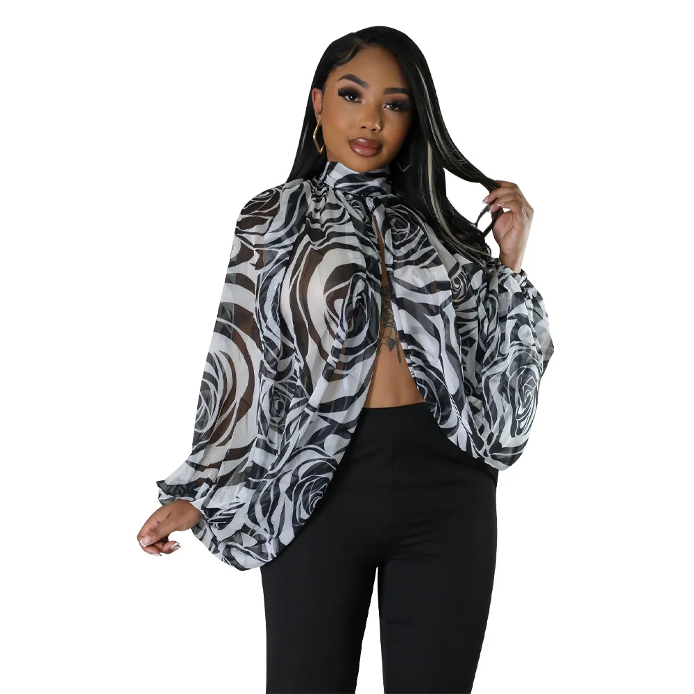 レディース レースアップ プリント シフォン イルト バットウィング スリーブ ラウンドネック ロングスリーブ カジュアル ファッショナブル エレガント トップス