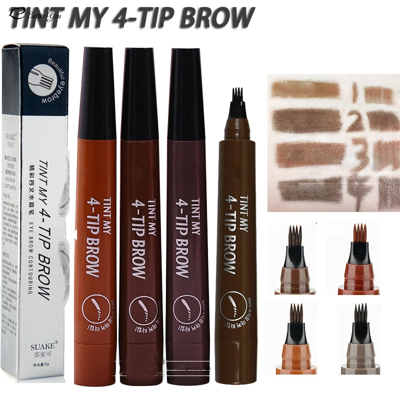 TINT MY 4-TIP BROW Liquid Eyebrow Pencil Waterproof Microblading Fork Tip Fine Sketch Eye Brow Professional Liquid Eye Brow Pen