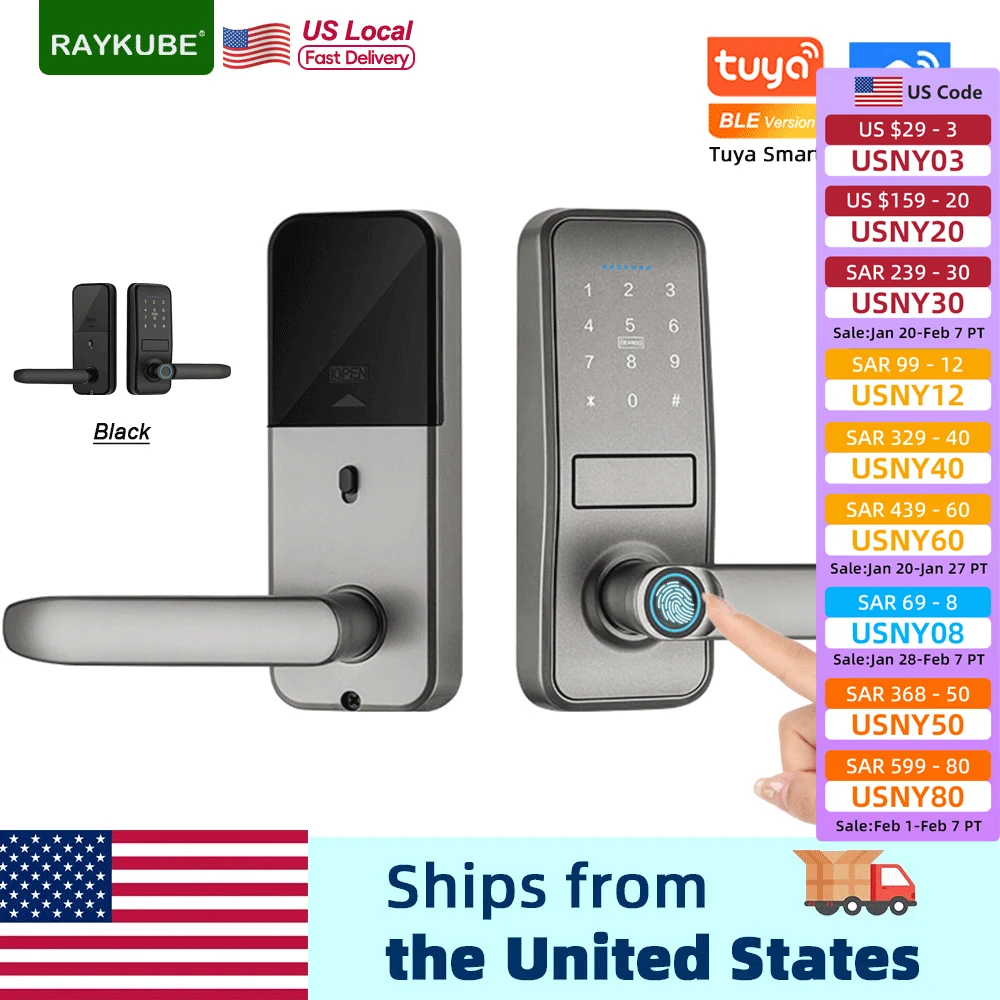 

RAYKUBE P13 Smart Biometric Fingerprint Door Lock Electronic Door Lock Tuya App Fingerprint/ Password/ Card Unlock From USA