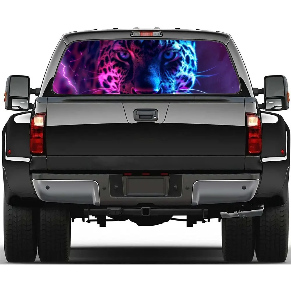 

Жестокий леопард с розовой и синей молнией, наклейка на заднее лобовое стекло автомобиля, окно грузовика, прозрачное перфорированное виниловое заднее окно