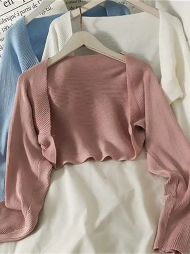 

Women Sweet Knitting Sweaters Open style Solid Elegant OL Long Sleeve Students Soft All-match Fashion Candy Color Short Shrugs