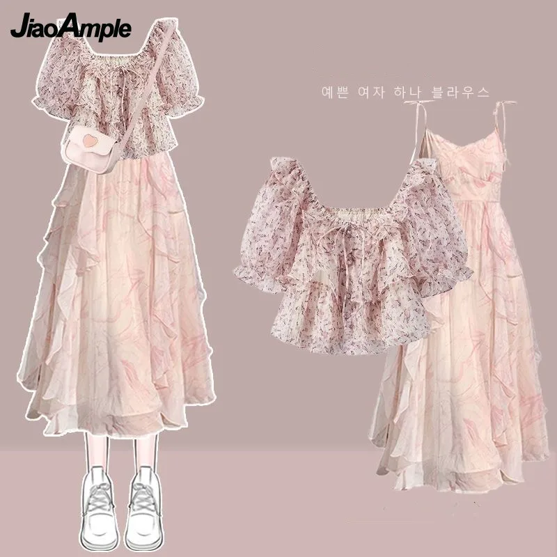 Women's Summer New Fashion Floral Short-sleeved Shirt Top+Vintage Sling Skirt Two-piece Suit Korean Elegant Dress Matching Set