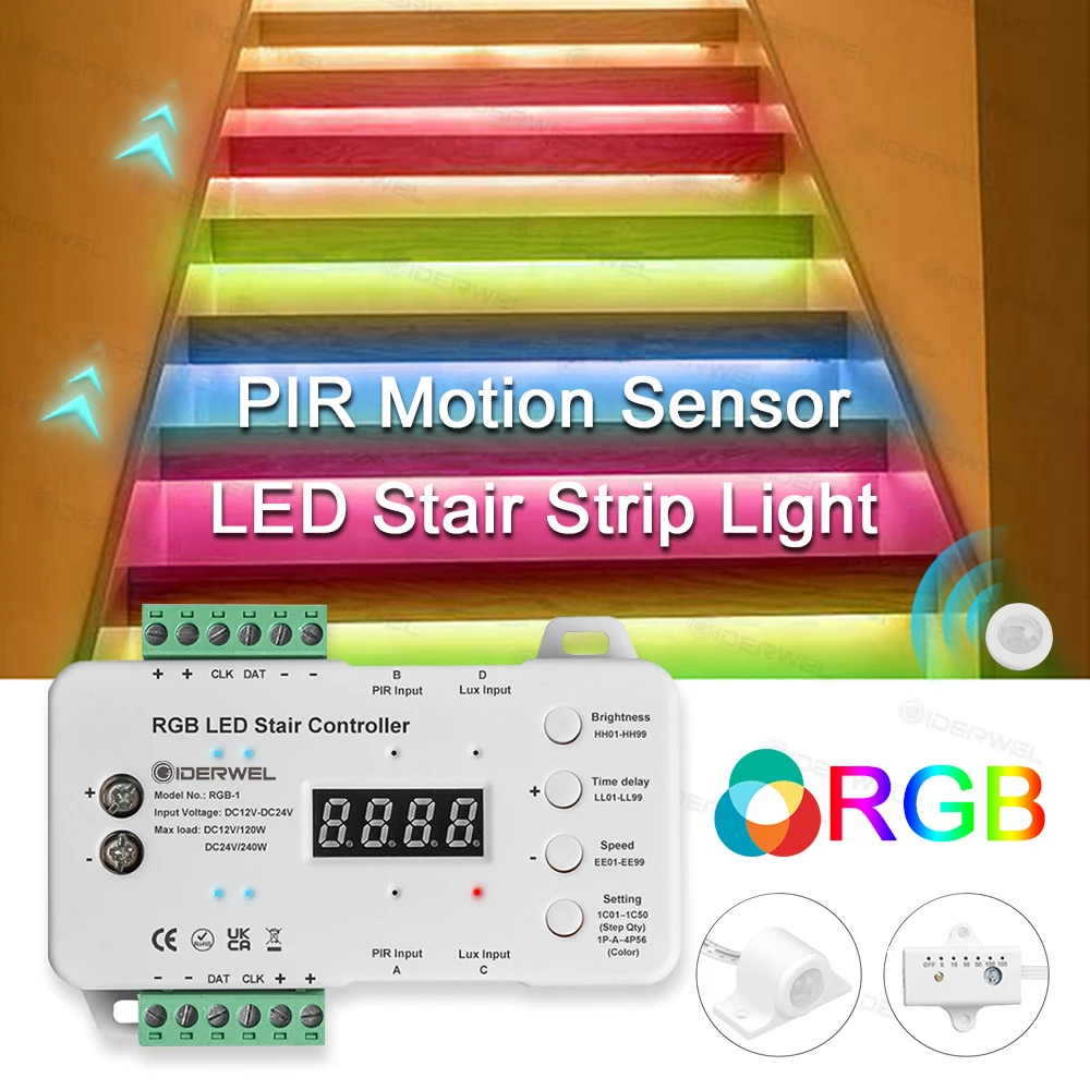 RGB LED Stair Light Strip PIR Motion Sensor Dimming Daylight Sensor Easy Connect Installation for Stairs Step Decorative Lamp