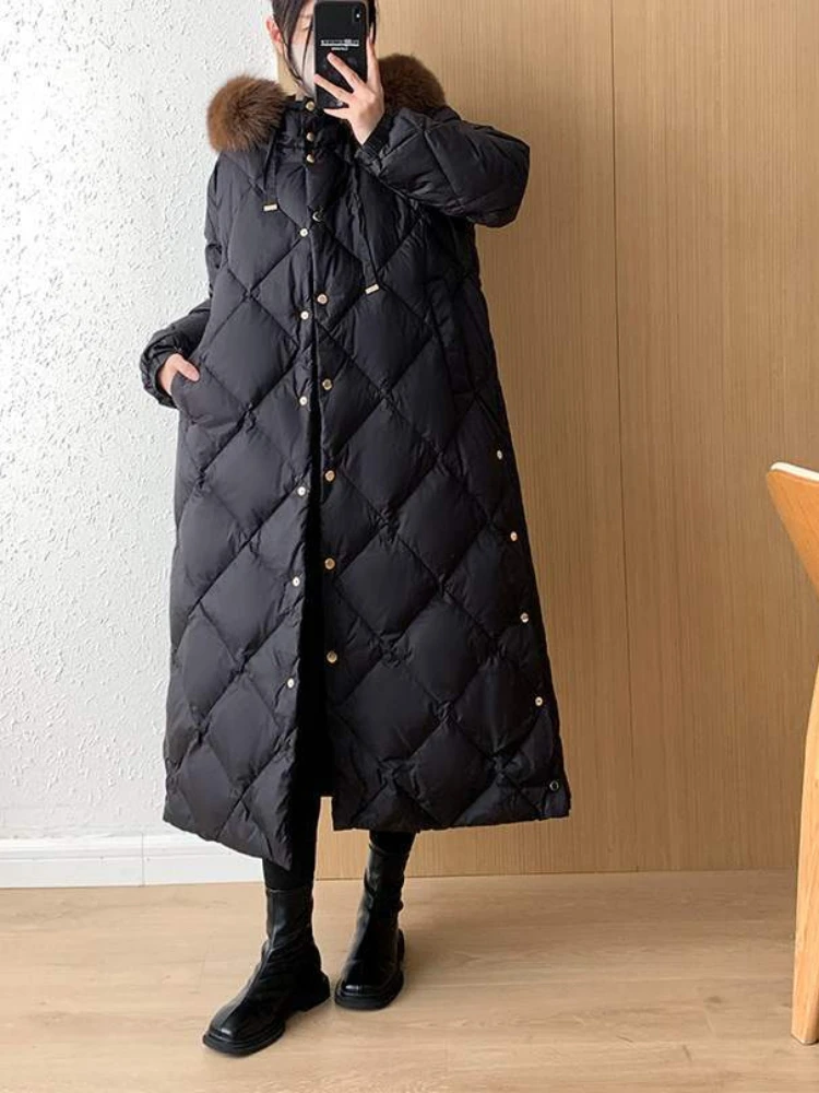 2024 New Winter Women  Real Fox Fur Collar Hooded Large Down Jackets 90% White Duck Down Thick Warm Belt Waist Outerwear