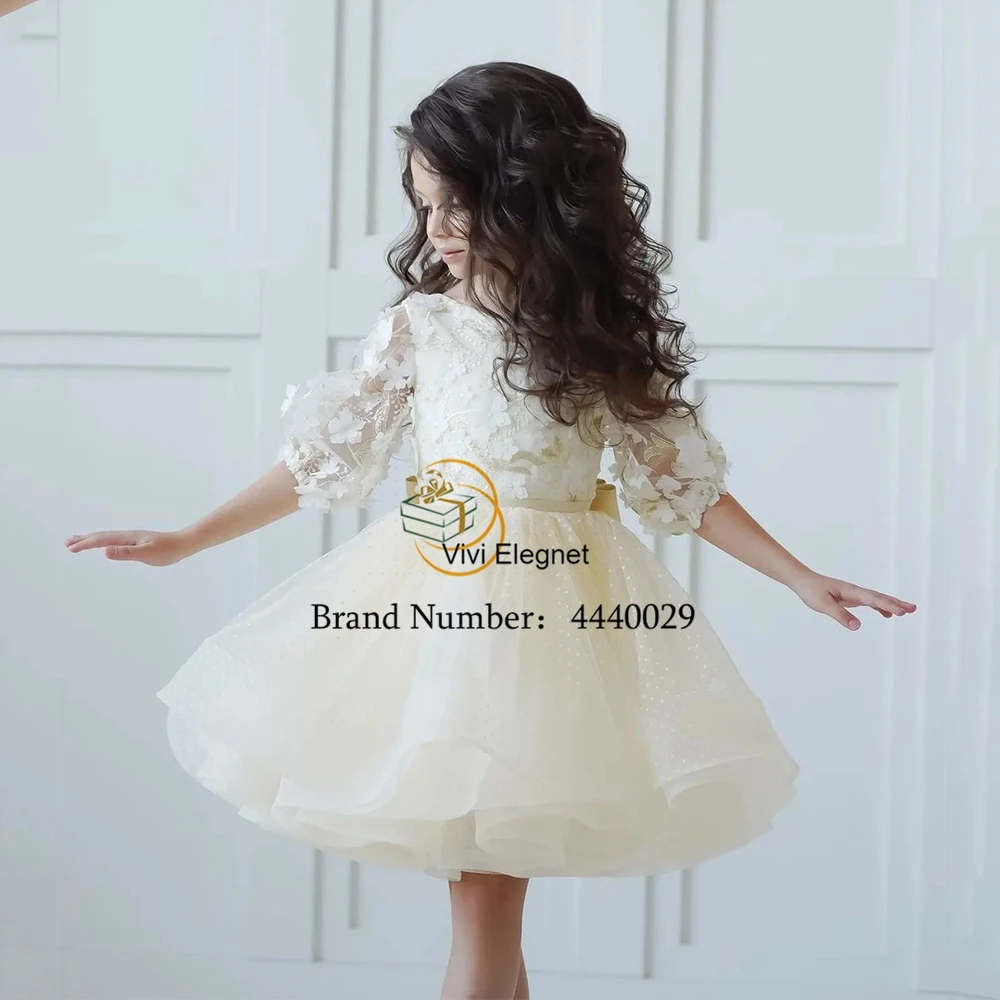 Cream Half Sleeve Flower Girl Dresses Tiered 2023 Tutu Wedding Party Gowns with Applique Summer New Summer فساتين اطفال للعيد