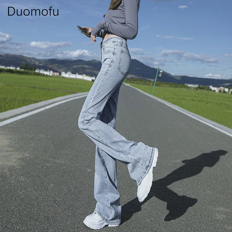 Duomofu Spring Light Blue Classic Full Length Flare Women Jeans Korean Chic Elastic High Waist Slim Fashion Simple Female Jeans