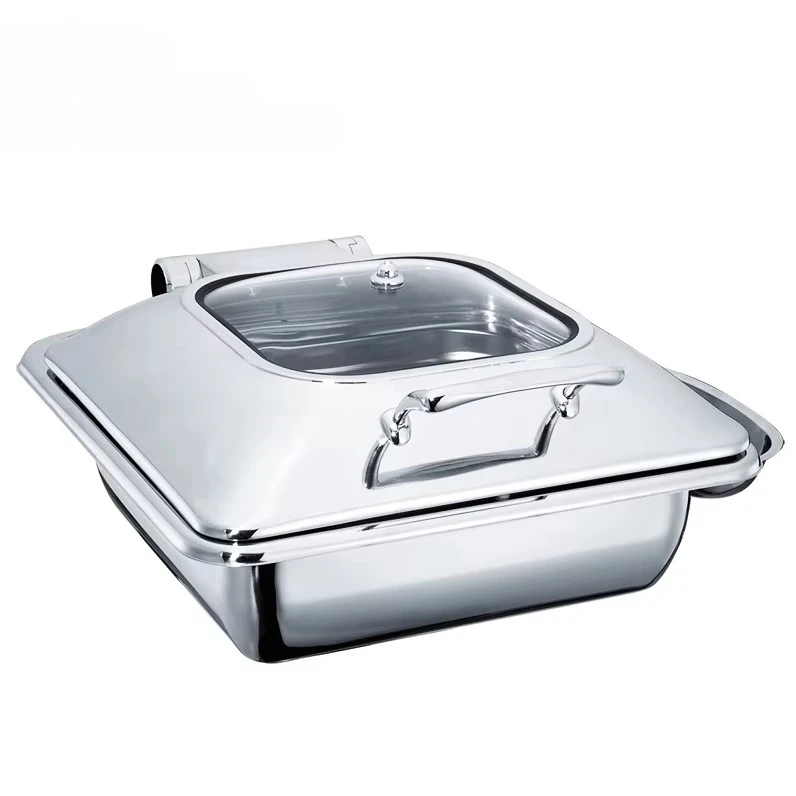 Stainless Steel Buffet Food Warmer Glass Lid Square Hot Pot