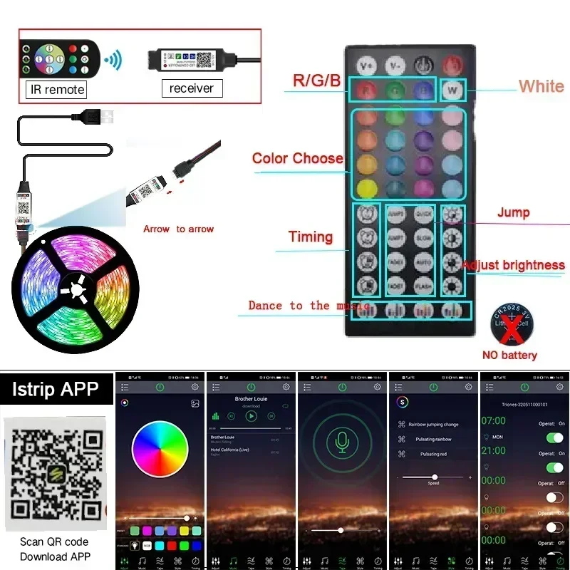 音楽同期LEDストリップライト,リビングルーム,ベッドルーム,クリスマスパーティーの装飾用の照明付きUSB電源タップ,44キーコントローラー,rgb 5050